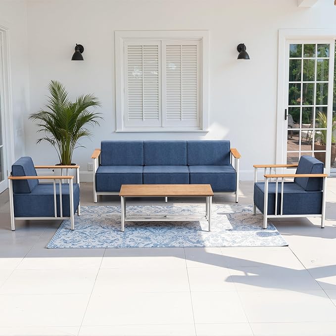 Luxury Patio Furniture Set with 10" Extra Thick Cushions, 4 PCS Outdoor Furniture Set with Patio Chairs & Couch & Coffee Table, Suitable for Porch, Balcony, Deck, Yard, Poolside, White/Blue