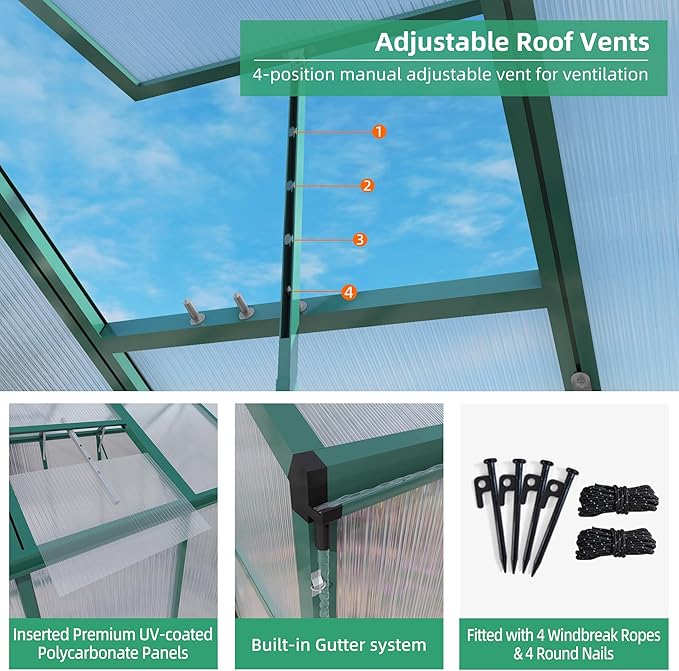 KEIKI 6x8 FT Polycarbonate Greenhouse for Outdoors, Durable Aluminum Walk-in Greenhouse with Gutter Drainage & Tall Growing Space for Plants, Green