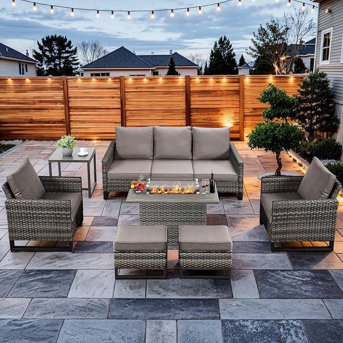 HUMMUH 7 Piece Patio Furniture Set with Fire Pit Table 41in 55,000 BTU,Wicker Outdoor Conversation Sets - Outdoor Chairs Set of 2 Patio Sofa for Porch,Garden,Backyard