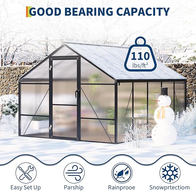 8x10 FT Greenhouse, Polycarbonate Walk-in Greenhouse for Outdoors with Roof Vent & Lockable Outward-Opening Swing Door, Heavy-Duty Aluminum Green House for Garden, Backyard, Patio, Lawn, Dark Grey