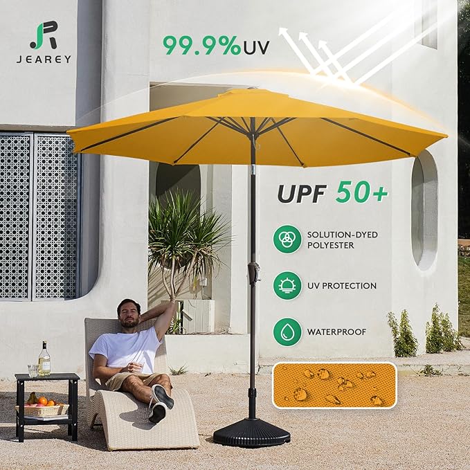JEAREY 9FT Outdoor Patio Umbrella Outdoor Table Umbrella with Push Button Tilt and Crank, Market Umbrella 8 Sturdy Ribs UV Protection Waterproof for Garden, Deck, Backyard, Pool (Bright Orange)