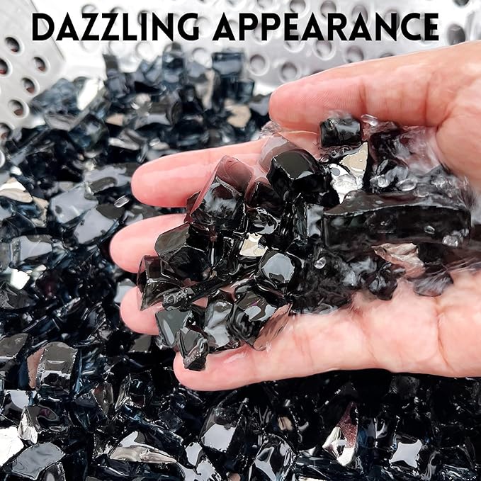GasSaf 1/2 Inch Fire Glass Reflective Tempered Fireglass Cut Crushed FireGlass for Fire Pit, Fireplace, Replaces Existing Gas Logs & Lava Rocks (10 Pound)(Black Reflective)