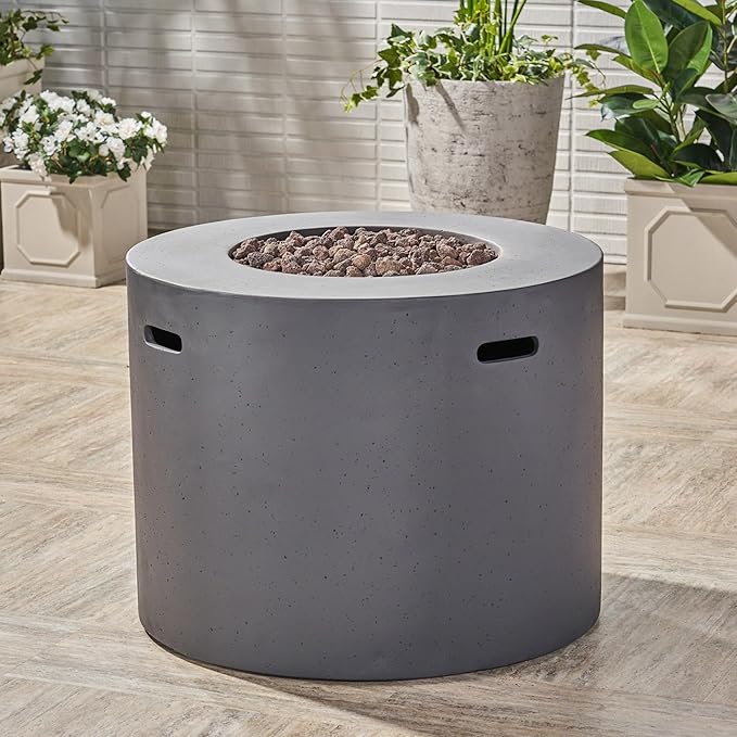 31-inch Round Magnesium Oxide Propane Gas Fire Pit Table - 40,000 BTU Outdoor Heater with Hidden Tank Space, Lightweight Concrete Patio Firepit for Backyard/Deck/Garden, Dark Grey