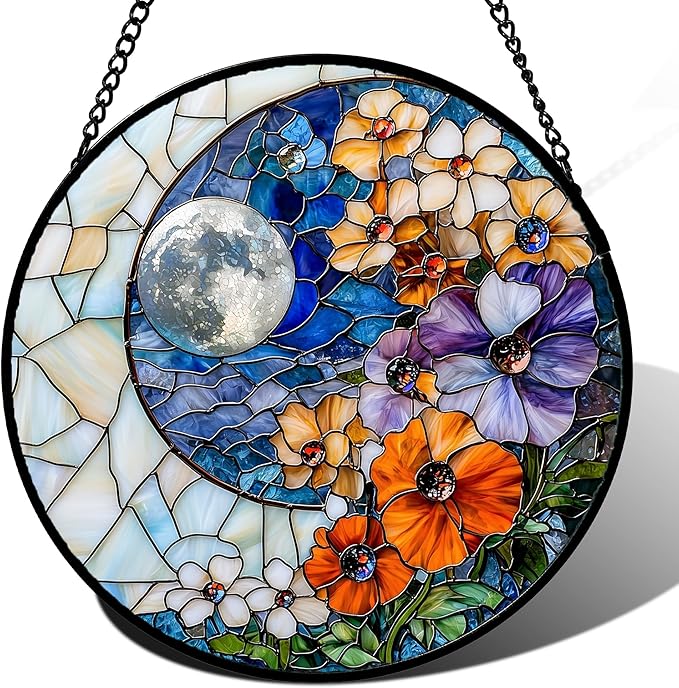 JOSUMALY Stained Glass Window Hanging - Blue White Moon Suncatcher for Door Terrace Garden Home Decor Colorful Flowers Sun Catcher Birthday Gifts for Lovers Women Men Dad Mom Nana 7.8 in