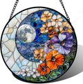 JOSUMALY Stained Glass Window Hanging - Blue White Moon Suncatcher for Door Terrace Garden Home Decor Colorful Flowers Sun Catcher Birthday Gifts for Lovers Women Men Dad Mom Nana 11.8 in