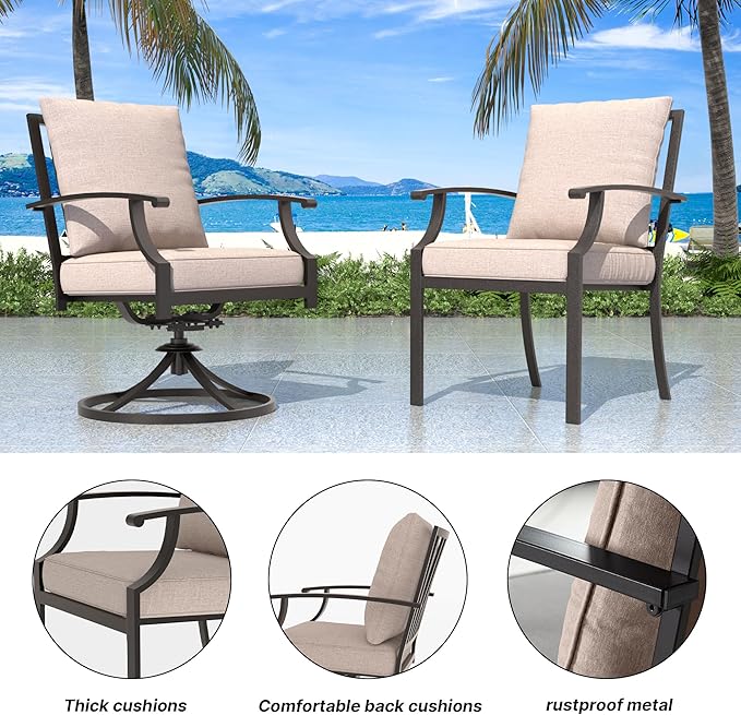 7 Pieces Patio Furniture Set with Round Fire Pit Table, Outdoor Conversation Sets 6 Chairs with Upgrade Cushions for Patio, Backyard Brown