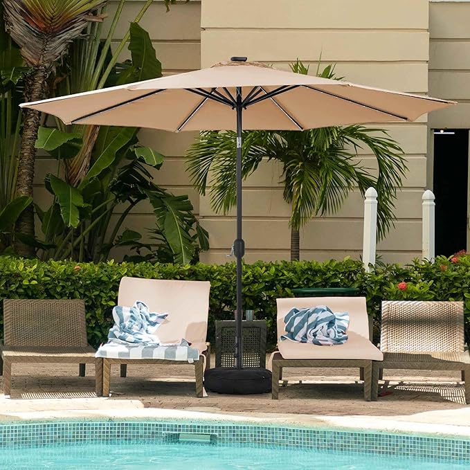Sundale Outdoor Olefin 5-Year-Non-Fading Solar 80 LED 9 FT Solar Patio Umbrella with Sand Bag Base, Outdoor Umbrella with Tilt and Crank, Tan