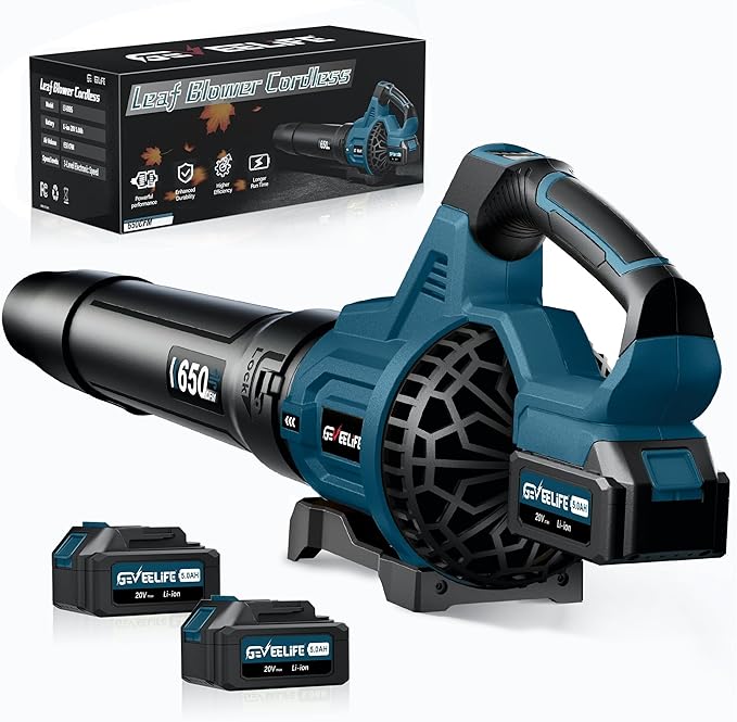 GEVEELIFE Leaf Blower Cordless, 650CFM & 3 Speed Levels, Electric Cordless Leaf Blower with 2 * 5.0Ah Battery Powered, Blowers for Lawn Care, Yard, Blowing Leaves, Dust, Snow