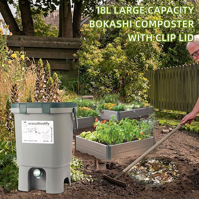 Bokashi Compost Bin, 4.7 Gallon Bokashi Composter with Bokashi Bran, Indoor Compost Bin, Kitchen Countertop Compost Bin with Lid, Kitchen Composter, Outdoor Bokashi Composter Starter
