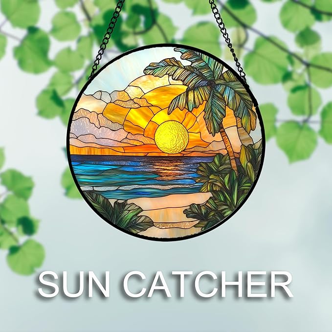 DASTOLL Stained Glass Window Hanging 4 Pcs Set Blue Ocean Coconut Tree Scenery Large 11.8" - Suncatcher Door Garden Sun Catcher Decor Birthday Christmas for Mom Woman Nana Men