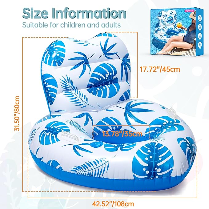 [2025 New Model] Inflatable Unibody Pool Lounger Float with Cup Holders and Handle, Ideal Pool Toys for Beach,Lakes, Rivers,Water Party Beach Vacation Essentials