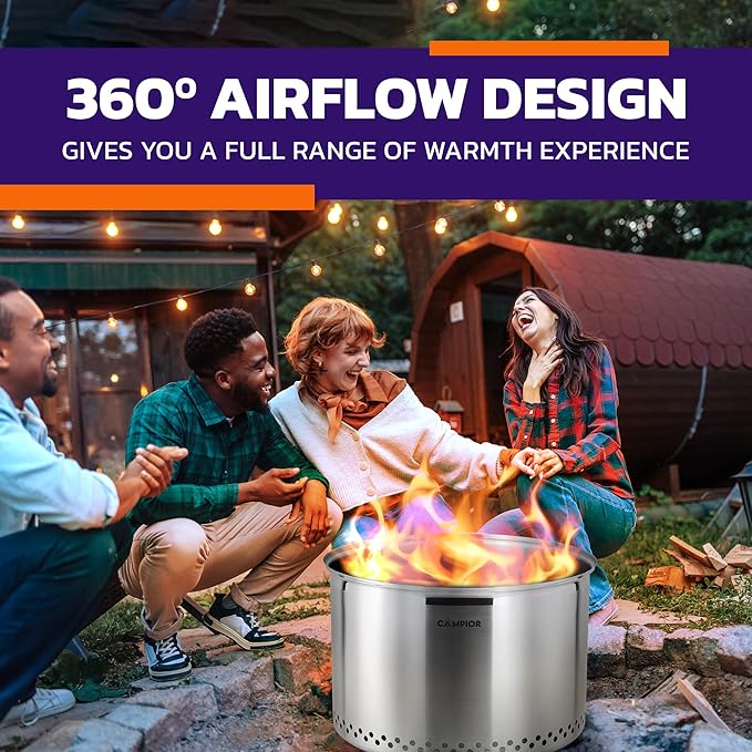Smokeless Fire Pit, 18" Portable 304 Stainless Steel Outdoor Stove with 360° Airflow Design, Removable Ash Pan, Easy Setup, for Backyard, Camping, and Garden Gathering, Wood Burning Fire Pit