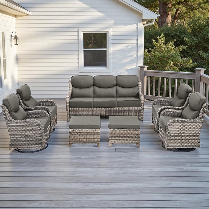 Rilyson Wicker Outdoor Patio Furniture Set - 7 Piece Patio Conversation Sets with Swivel Rocker Chairs, Ottomans and Sofa, 6 inch Cushions, Waterproof Wicker, for Porch Deck Mixed Grey/Grey