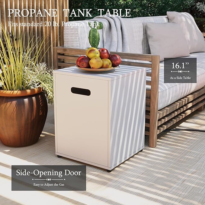 UPHA 42-Inch Outdoor Propane Fire Pit Coffee Table with Iron Round Fire Pit Patio Heater & Weatherproof Cover, 50,000 BTU Stainless Steel Burner, Blue Glass Stone, Weatherproof Cover, White