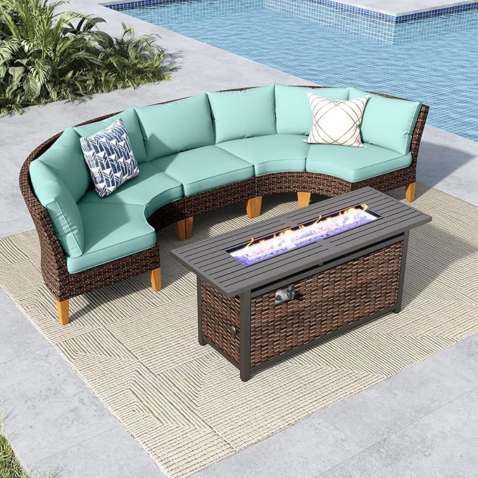 MFSTUDIO 6 Pieces Wicker Patio Furniture Set with 56" Fire Pit Table, Extra Large Rattan Patio Conversation Set Outdoor Half-Moon Sectional Sofa Set, 4 x Curved Sofa, 1 x Armless Couch(Aqua Blue)
