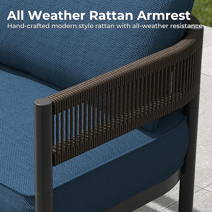 Gand Patio Outdoor 3-Seat Couch Sofa, Wicker Conversation Set with Thick Cushion for Porch, Garden, Yard, Peacock Blue