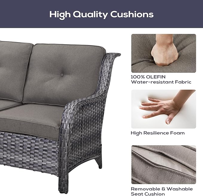 Belord Outdoor Patio Furniture Set with 50000BTU Propane Fire Pit Table, 4 Pieces Wicker Patio Conversation Set with 2 Swivel Rocker Glider Chairs Rattan Sofa Grey Cushion Perfect for Gathering