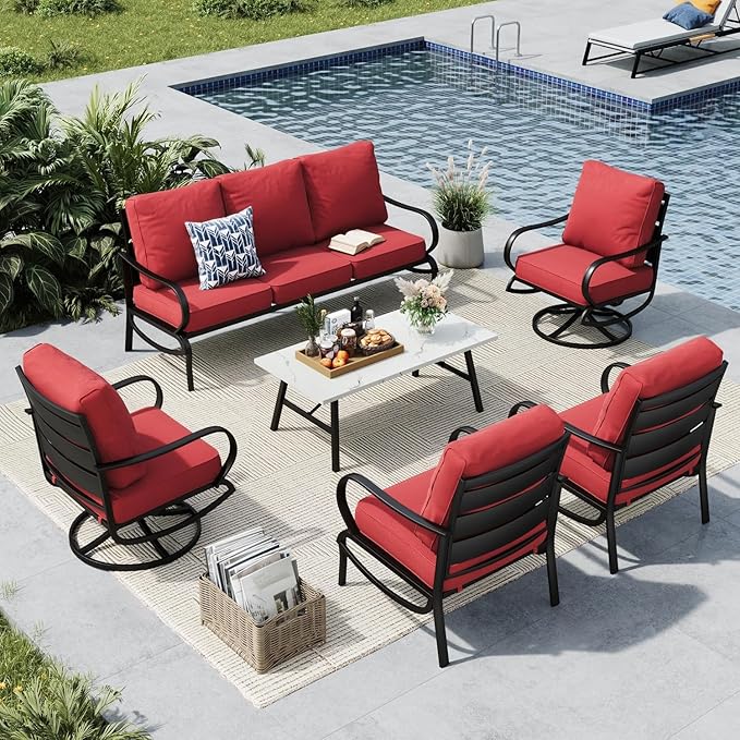MFSTUDIO 6 Pieces Metal Patio Furniture Sets, 2 Swivel Chairs, 3-Seat Loveseat Sofa, 2 Patio Chairs & 1 Marbling Coffee Table, All Weather 7 Seats Outdoor Conversation Set for Garden, Burgundy Red