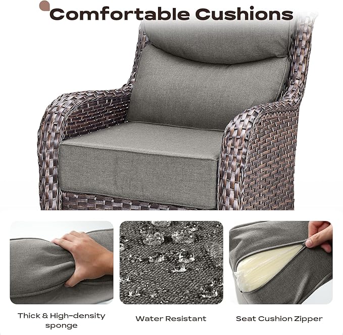Rilyson Wicker Outdoor Patio Furniture Set - 4 Piece Patio Conversation Set with Swivel Rocker Chairs and Ottomans, 6 inch Cushions, High Back, Deep Seating, for Porch Deck Garden Brown/Grey