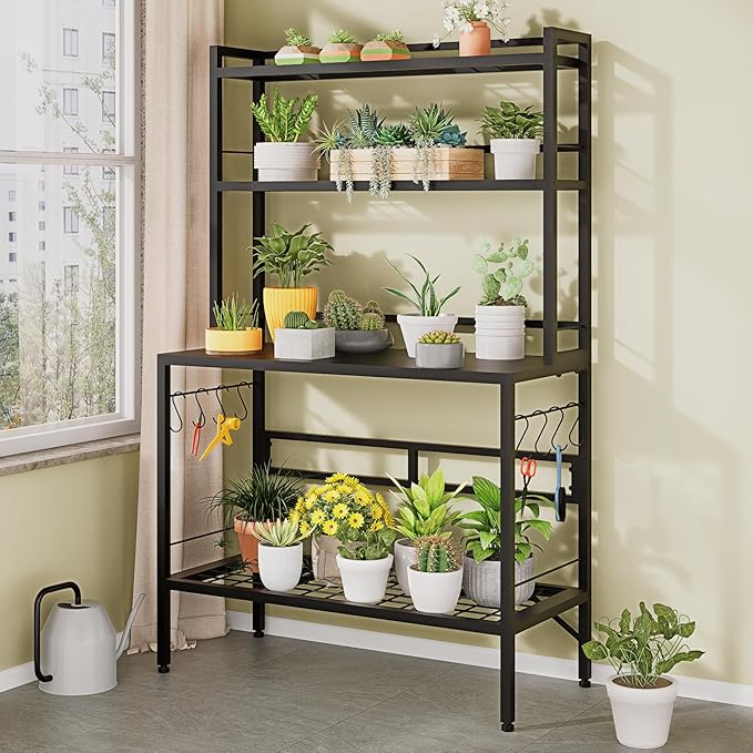 63" H Outdoor Metal Garden Potting Bench&Table with Metal Tabletop, 4-Tier Plant Shelf Rack, 8 Side Hooks, Outdoor/Indoor Gardening Workstation and Plant Stand, Black