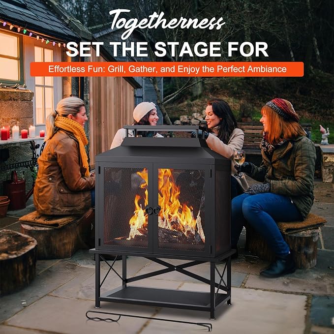 Fire Pits for Outside Wood Burning - 39" H Square Metal Outdoor Chiminea Fireplace with Grill, Mesh Spark Screen & Fire Poker, Ideal for Garden, Backyard, Patio, Party, Camping, Picnic, BBQ, Bonfire