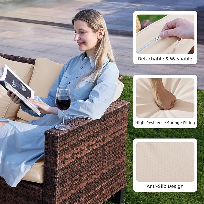 UDPATIO Patio Furniture Set with Fire Pit Table, Rocking Swivel Chairs, 6 Pieces Outdoor Conversation Sets, All-Weather Wicker Outdoor Sectional Sofa with Waterproof Cover, 4'' Thickened Cushion