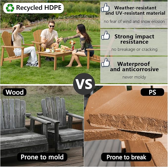 nevilywood Compact Stackable Adirondack Chairs, 26.3" Wide HDPE Outdoor Patio Chairs - Durable, Space-Saving Design for Porch, Lawn or Garden, Teak
