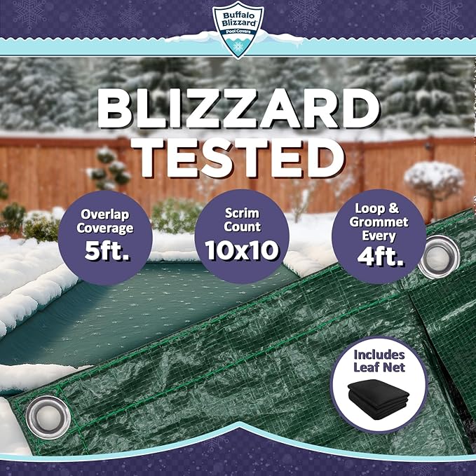 Buffalo Blizzard Supreme Winter Cover Bundle for 18 ft x 36 ft Rectangle Inground or Above Ground Swimming Pools | Green/Black with 5 ft Overlap | Includes Leaf Net Cover