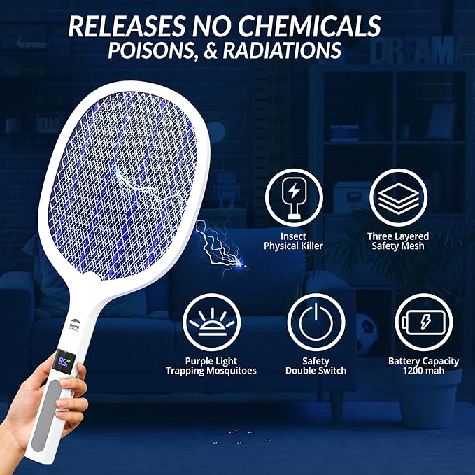 WBM Smart 2 in 1 Electric Bug Zapper, Mosquitoes Trap Lamp & Racket, USB Rechargeable Electric Fly Swatter for Home and Outdoor Powerful Grid 3-Layer Safety Mesh Safe to Touch, Pack of 2