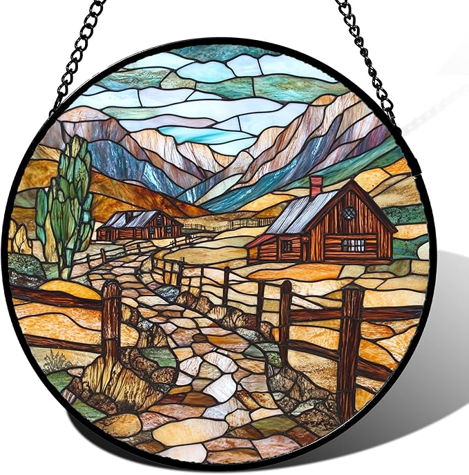 QZQCBLC Stained Glass Window Hanging Mountain Ranch Rural Life Large 15" - Cactus Suncatcher Door Terrace Garden Sun Catcher Home Decor Birthday Christmas for Mom Men Woman Friend