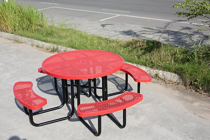 Sunnibety 8-Person Picnic Tables for Outdoors, Industrial 46" Expanded Metal Round Picnic Table with 4 Benches & Umbrella Hole, Outside Table and Bench Set for Park, Garden, Backyard, Patio, Red