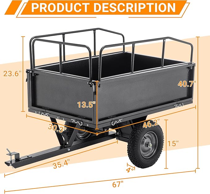 Heavy Duty ATV UTV Trailer Tow Behind Dump Cart, Yard Garden Trailer Pull Behind Dump for Lawn Mower Tractor Garden Waste (600pound&17cu.ft)