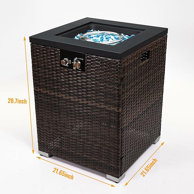 GDFStudio 22" Outdoor Propane Gas Fire Pit Table, 40,000 BTU Square Patio Heater with Wicker Base, Glass Wind Guard & Rain Cover, Small Outdoor Firepit for Garden Deck Backyard, Dark Brown