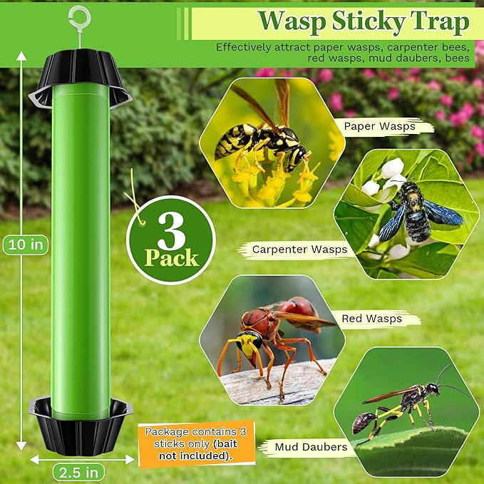 Qualirey 3 Pack Wasp Trap Bee Catcher, Wasp Traps Outdoor Hanging, Sticky Catcher for Hornets, Paper Wasps, Carpenter Bees (Green)