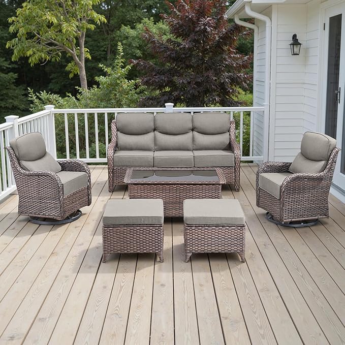 Rilyson Wicker Outdoor Patio Furniture Set - 6 Piece Patio Conversation Sets with Swivel Rocker Chairs, Ottomans, Sofa and Coffee Table, 6 inch Cushions, Deep Seating, for Porch Deck Brown/Beige