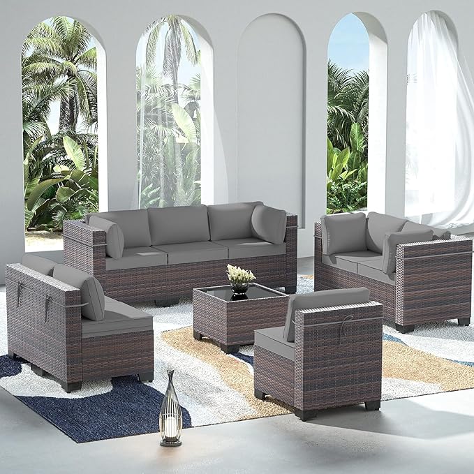 Outdoor Patio Furniture Set, 9 Pieces Outdoor Sectional Furniture Patio Set, All-Weather PE Rattan Patio Conversation Set with Tempered Glass Top Table & Cushions-Grey