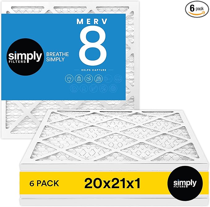 Simply 20x21x1 Air Filter, Merv 8, 6 Pack, For Home AC Furnace & HVAC (Actual Size: 19.75"x20.75"x0.75") DUST, Pet, & Allergy Control