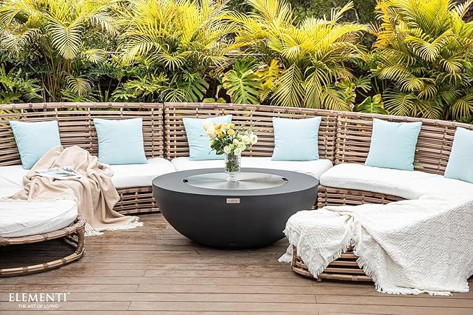 Elementi Lunar Bowl Cast Concrete Fire Table Bundle, Outdoor Fire Pit Fire Table Patio Furniture, Dark Gray (Liquid Propane Gas)