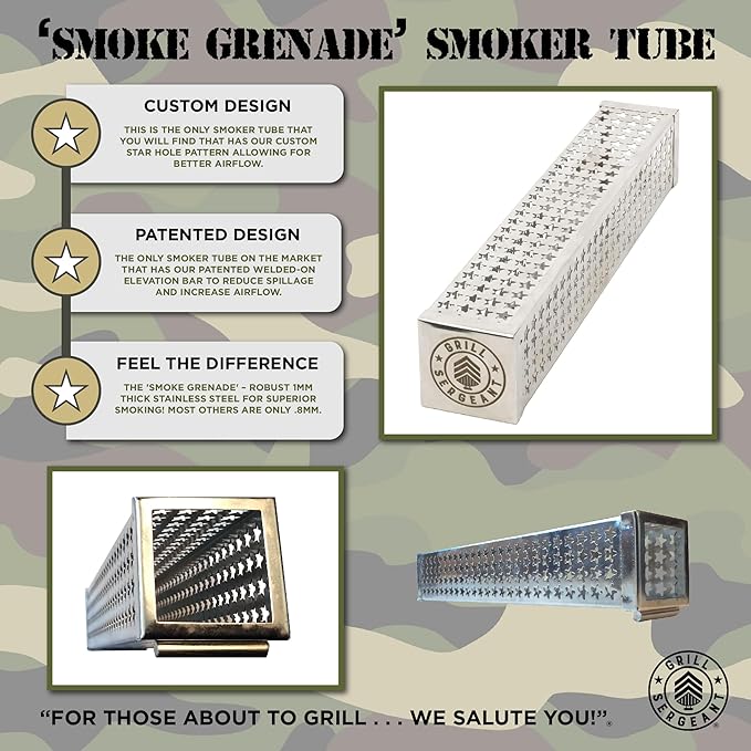 GRILL SERGEANT Smoker Tube, Forever Guarantee, Patented Elevation Bar, Cold & Hot Pellet Smoking, Thick Stainless Steel, 5+ Hours Billowing Smoke, Grills and Smokers, Cheese, Fish, Pork, Beef, Nuts