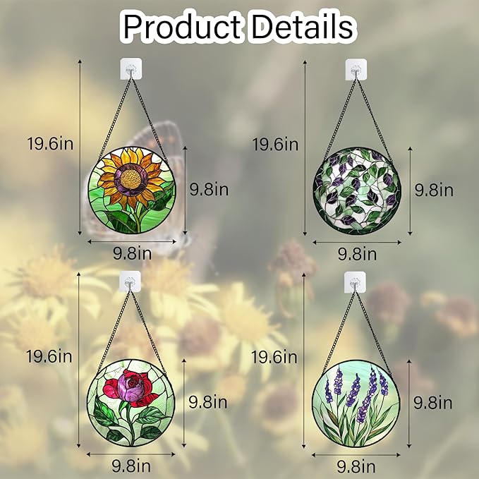 AMDERVEN Stained Glass Window Hanging 4 Pcs Set Red Roses Yellow Sunflowers 9.8" - Flower Suncatcher Door Garden Sun Catcher Decor Birthday Mother's Day for Mom Woman Nana Girl