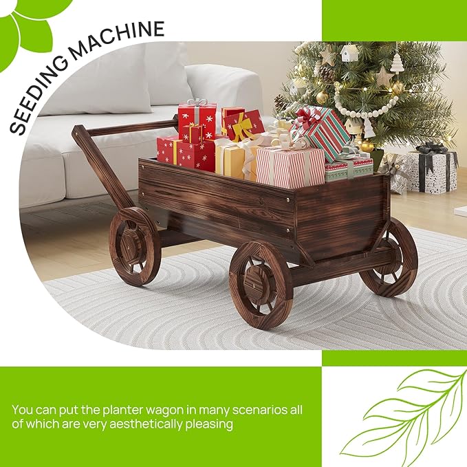Wooden Flower Cart with Wheels Wooden Wagon Planter Outdoor Garden Planter Decor Planter for Patio Balcony Trolley Decoration Succulent Flower Pot, Indoor Backyard Balcon Decor（L）