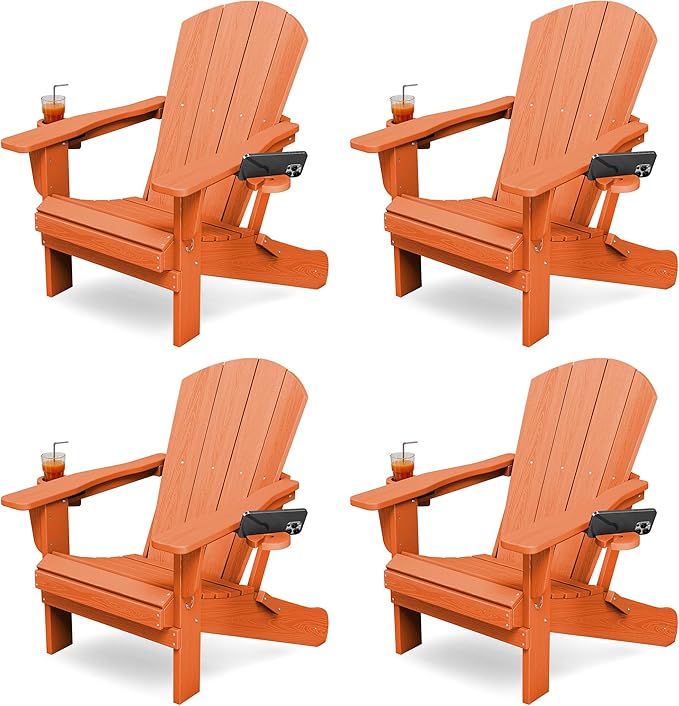 KINGYES Folding Adirondack Chair Set of 4, Dual Cup Holders & All-Weather HDPE, Wood-Like Patio Chair for Backyard, Camping, Pool & Fire Pit, Orange
