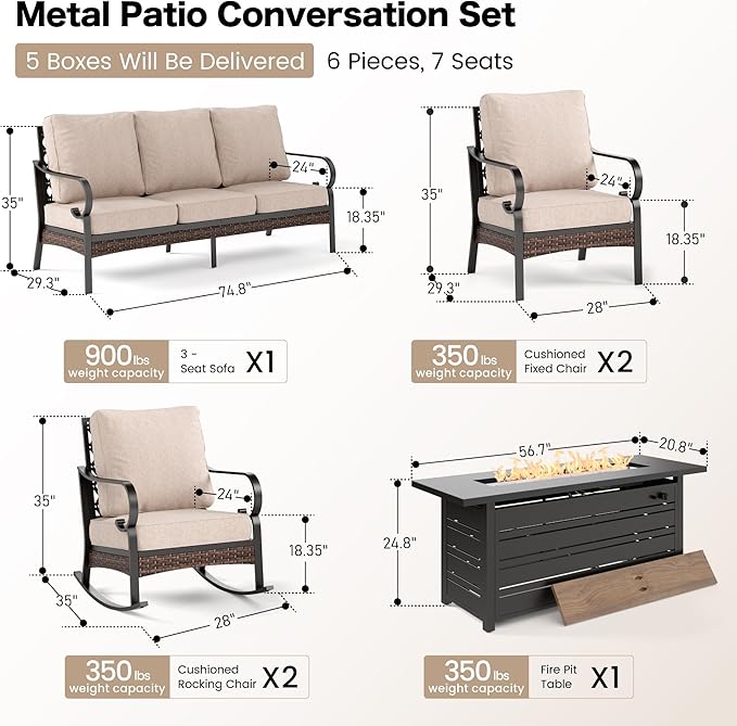 SUNSHINE VALLEY 6 Piece Metal Outdoor Patio Furniture Sets with Firepit Table, Patio Conversation Sets 1 3-Seater Sofa, 2 Leg Chair and 2 Rocking Chair with 5.75" Cushion for Backyard Deck, Beige