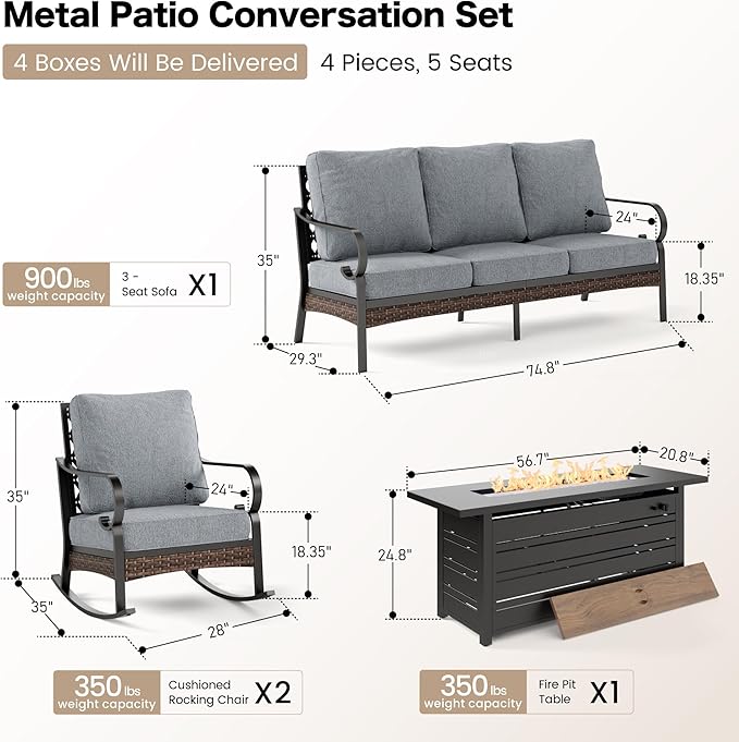 SUNSHINE VALLEY 4 Piece Black Metal Outdoor Patio Furniture Sets with Firepit Table, Patio Conversation Sets 1 3-Seater Sofa, 2 Rocking Sofa with 5.75" Thick Cushion Backyard Furniture for Deck, Gray