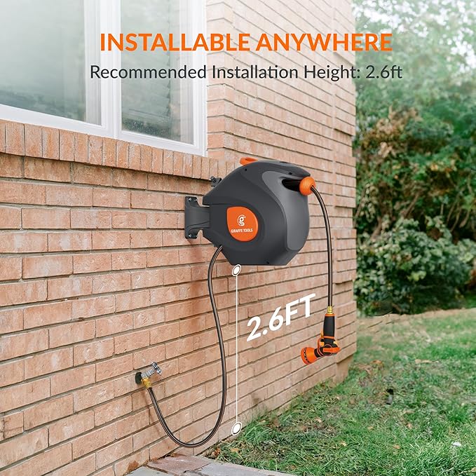 Giraffe Tools BW30 Retractable Garden Hose Reel 100ft x 1/2”, Wall-Mounted Automatic Water Hose Reel with 9 Pattern Nozzles for Outside Use