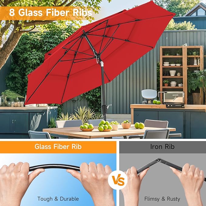 9 FT Outdoor Patio Umbrella, 3 Tier Market Table Umbrella with 8 Sturdy Fiberglass Ribs and 1.5’’ Pole, Smooth Button Tilt Patio Umbrella for Backyard Pool Garden, Red(No Base)