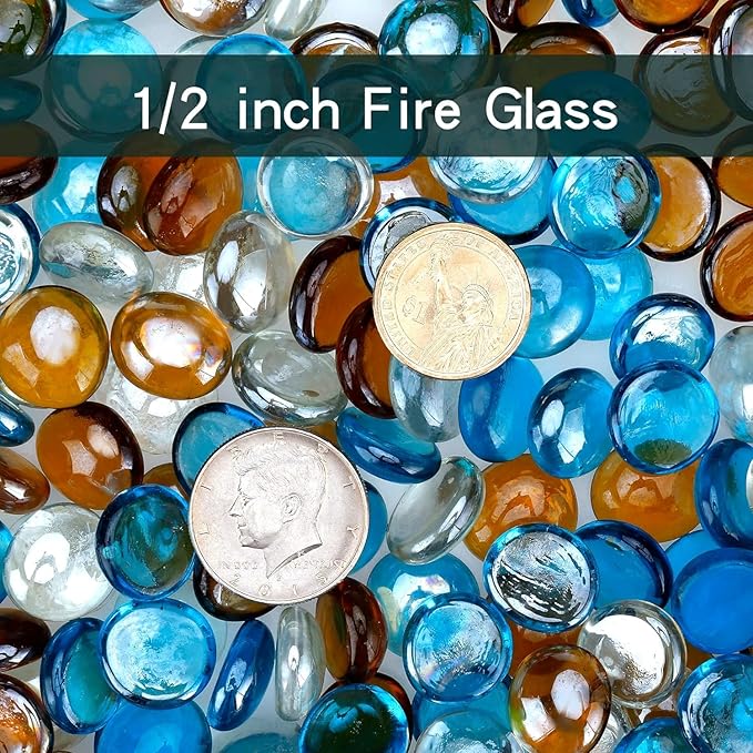 onlyfire 10 Pounds Fire Glass Beads for Propane Fire Pit and Gas Fireplace, 1/2 Inch Round Blended Firepit Glass Rocks Flat Marbles for Fire Pit Table, Caribbean Blue, Crystal Ice and Caramel Luster