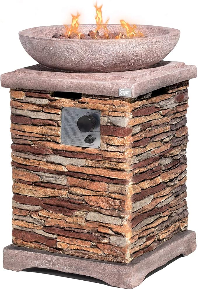 COSIEST Outdoor Propane Fire Pit Table w Faux Brown Compact Ledge Stone 20" Square Base and Faux Rose-Marble Round Bowl, Certified, 40,000 BTU, Free Lava Rocks, Fits 20lb Tank Inside, Raincover