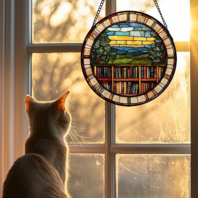 QZQCBLC Stained Glass Window Hanging Retro Books Scenery 6.3" - Abstract Suncatcher Door Garden Sun Catcher Home Decor Birthday Christmas for Mom Men Woman Nana Friend Wife