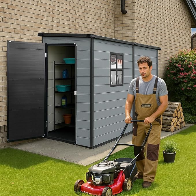 4x8 FT Lean to Shed with Floor, Resin Storage Shed & Outdoor Storage Clearance with 2 Windows, Backyard Storage Sheds for Garden Tools, Bicycle, Black+Grey